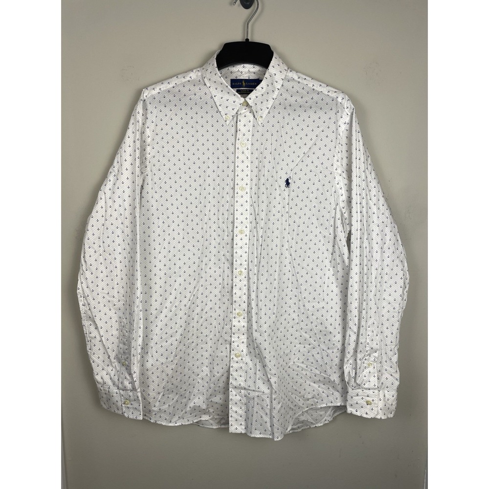 Polo Ralph Lauren‎ Button Down Shirt XL White Blue Anchor Print Classic Stretch - Picture 2 of 7